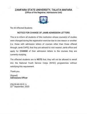 Zamfara State University notice to students on change of JAMB admission letters