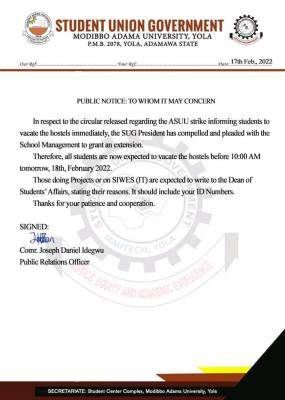 MAUTECH SUG notice to students on vacation of hostels