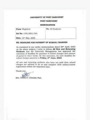 UNIPORT extends deadline for payment of school charges