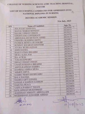 ATBUTH ND in Nursing Admission List, 2023/2024