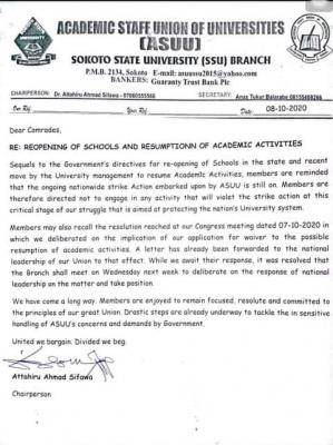 ASUU Sokoto State University chapter directs members not to engage in academic activities
