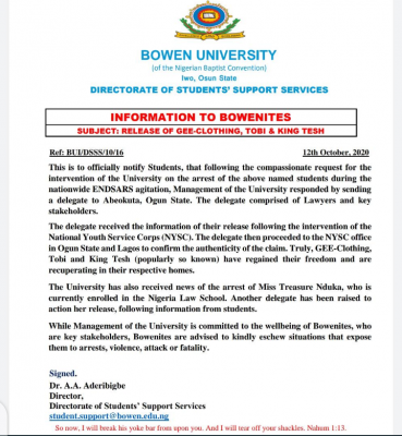Bowen University notice on the release of arrested students during #EndSars Protest