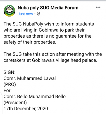 NUBAPOLY SUG notice to students