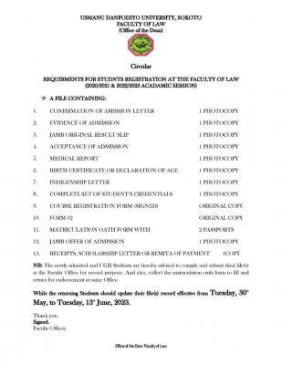 UDUSOK requirements for student’s registration in faculty of law, 2021/2022/2023 session