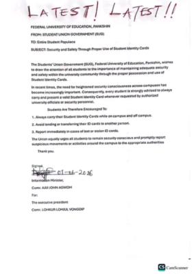 Federal University of Education, Pankshin SUG issues security notice to students