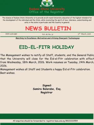 KASU announces Eid-el-Fitr Holiday