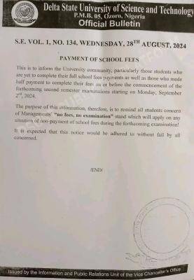 DSUST notice on payment of school fees