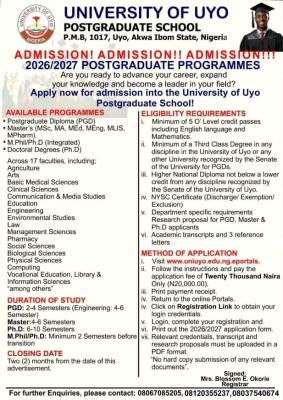 UNIUYO Postgraduate Admission form, 2026/2027