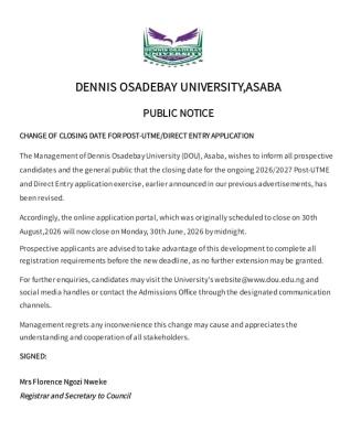 Dennis Osadebey University new deadline for Post-UTME application, 2026/2027