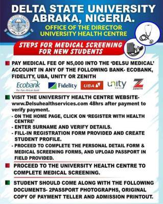 DELSU medical screening procedure for newly admitted students, 2022/2023 session