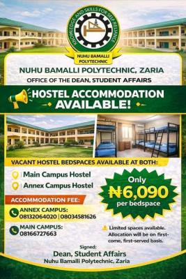 Nuhu Bamalli Polytechnic announces availability of hostel accommodation