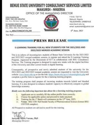 BSU notice on e-learning training for all new students of the 2021/2022 and 2023/2024 merged session