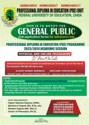 Fed University of Education, Zaria releases PDE admission form, 2023/2024