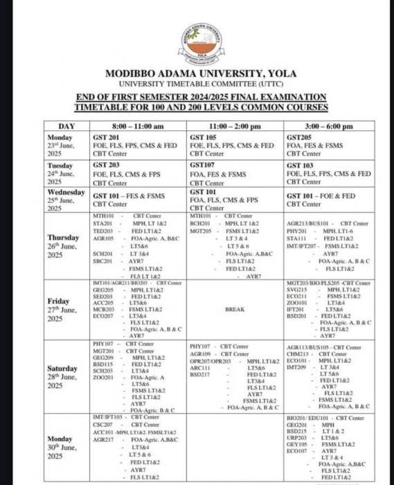 MAUTECH 1st semester exam time table for 100 and 200 levels, 2024/2025