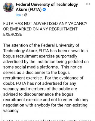FUTA debunks news on recruitment exercise