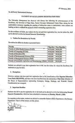AKUM notice to students on payment of outstanding registration fees