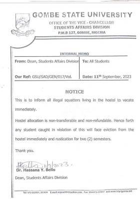 GOMSU notice to illegal squatters in school hostel