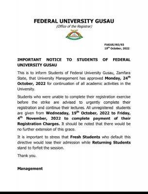 FUGUSAU announces resumption of academic activities