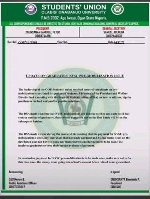 OOU SUG update on Graduates' NYSC Pre-mobilization issues