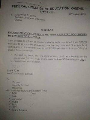 FCE, Okene notice to SIWES students on log book endorsement