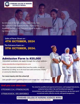 Standard College of Nursing Sciences Admission into Post Community Nursing, 2024/2025