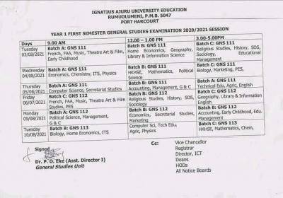 IAUE first semester GNS Examination timetable for Year I Students