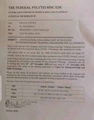 EDEPOLY notice on continuation of 2019/2020 entrepreneurship training for students