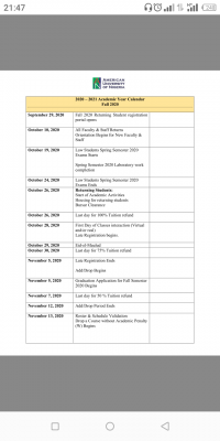 AUN academic calendar for 2020/2021 Fall Semester