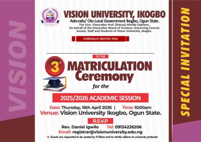 Vision University Ikogbo announces 3rd Matriculation Ceremony