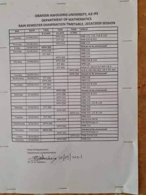 OAU rain semester examination timetable 2019/2020
