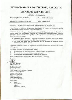 MAPOLY notice on mandatory 70% minimum lecture attendance policy
