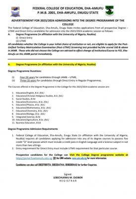 FCE Eha-Amufu Degree Post-UTME/DE 2023: Cut off mark, Eligibility and Registration Details