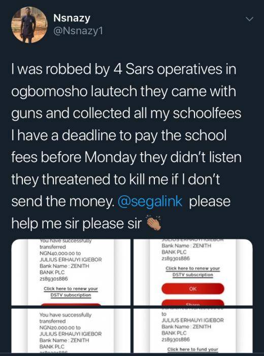 SARS Forces LAUTECH Student To Transfer School Fee To Them
