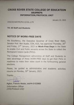 Cross River State College of Education announces work-free days
