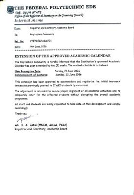 Federal Polytechnic, Ede extends academic calendar by two weeks, sets new date for resumption