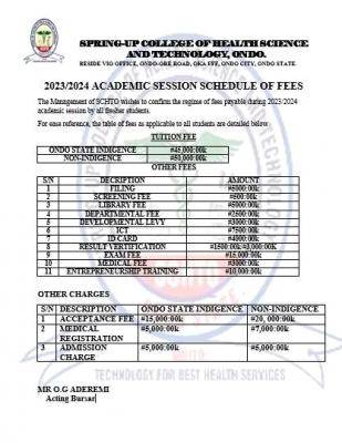 Spring-Up College of Health Technology Ondo school fees schedule, 2023/2024
