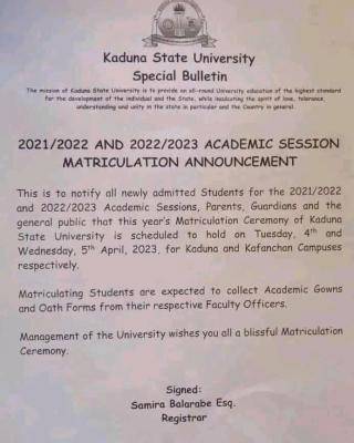 KASU announces matriculation ceremony, 2021/2022 & 2022/2023
