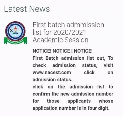 NACEST 1st batch admission list for 2020/2021 session