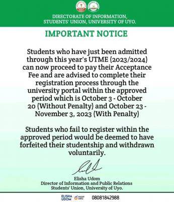 UNIUYO SUG notice to newly admitted students on payment of acceptance fees and completion of registration