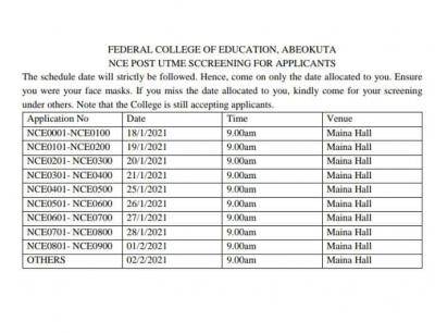FCE NCE Post-UTME screening schedule for 2020/2021 session