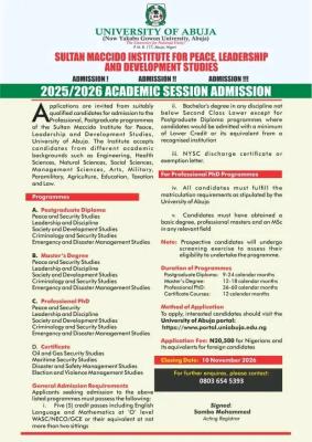 UNIABUJA Sultan Maccido Institute announces postgraduate admission, 2025/2026