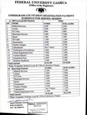 FUGashua school fees schedule, 2020/2021