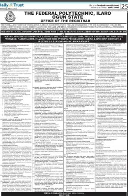 Federal Polytechnic, Ilaro HND Weekend, ND Part-time and ODFEL programmes, 2026/2027