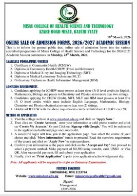 Misau College of Health Science and Technology admission, 2026/2027