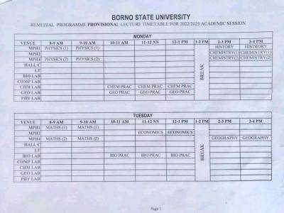 BOSU Remedial programme lecture timetable, 2022/2023
