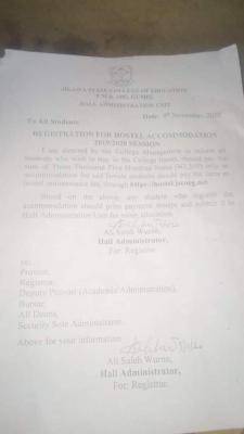 Jigawa State College of Education notice on hostel accommodation registration
