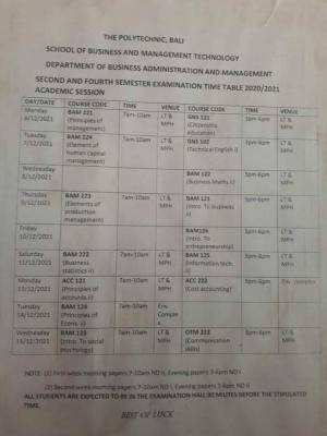 Federal Polytechnic, Bali 2nd/4th semester examination timetable, 2020/2021