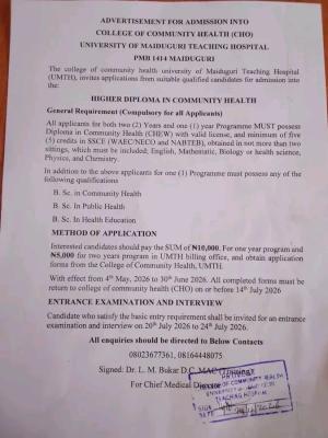 University of Maiduguri Teaching Hospital HND admission in Community Health, 2026/2027