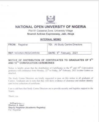 NOUN notice on distribution of certificates to 9th and 10th convocation graduates