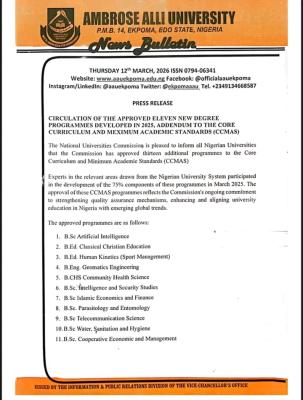 AAU gets NUC's approval to run 13 new degree programmes